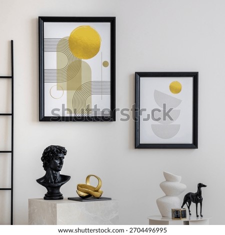 Creative composition of harmonized living room with mock up poster frames, shelf, ladder, decoration and personal accessories. Minimalist home decor. Template.