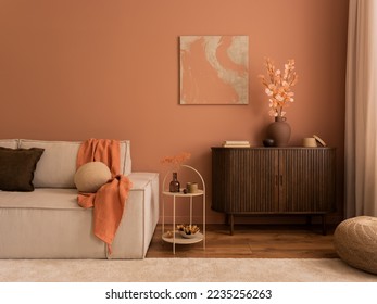 Creative composition of living room interior with mock up poster frame, wooden sideboard, modular beige sofa, brown pouf, plaid, pillows, rug, pink wall and personal accessories. Home decor. Template. - Powered by Shutterstock