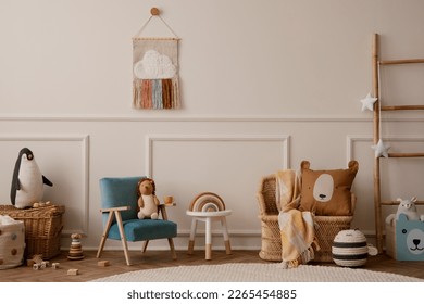 Creative composition of living room interior with blue armchair, coffee table, plush toys, beige wall with stucco, round rug, wooden block, braided basket and personal accessories. Home decor Template - Shutterstock ID 2265454885