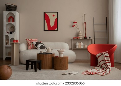 Creative composition of living room interior with mock up poster frame red armchair, beige sofa, wooden coffee table, white rack, ladder, palid and personal accessories. Home decor. Template. 