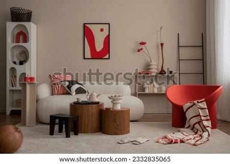 Creative composition of living room interior with mock up poster frame red armchair, beige sofa, wooden coffee table, white rack, ladder, palid and personal accessories. Home decor. Template. 