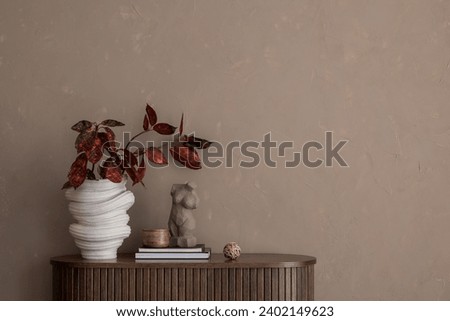 Creative composition of living room interior with copy space, wooden sideboard, flowers in vase, decoration. Template. Home Decor.