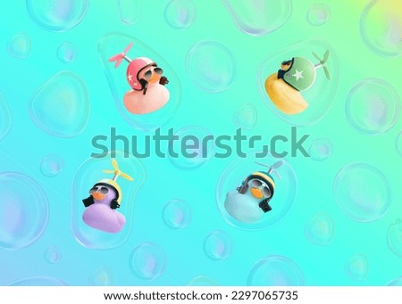 Creative composition made of colorful cute little rubber ducklings with a helmet and sunglasses floating in a soap bubble. Contemporary style.Creative art minimal aesthetic, minimal abstract concept