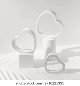 Creative composition made of heart shaped figures and geometric podiums. Valentine day and romance concept. Minimal style. Color of the year 2026 inspired