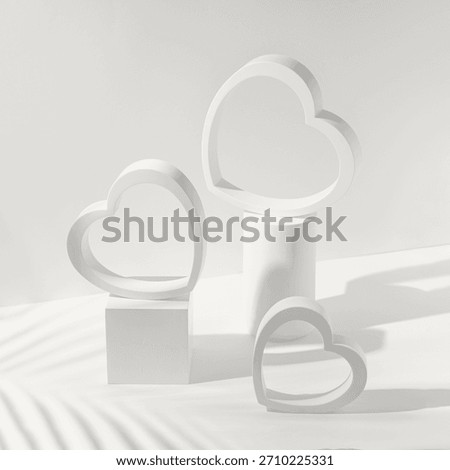 Creative composition made of heart shaped figures and geometric podiums. Valentine day and romance concept. Minimal style. Color of the year 2026 inspired