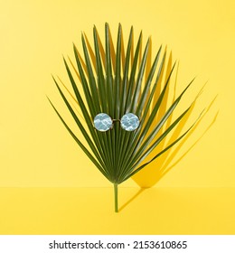 Creative composition made of palm leaf and sunglasses with water reflection. Minimal summer relax concept.