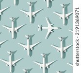 Creative composition made with white passenger plane on pastel blue background. Summer travel or vacation pattern. Flat lay, square composition