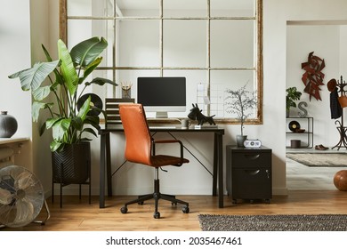 Creative Composition Of Modern Masculine Home Office Workspace Interior With Black Industrial Desk, Brown Leather Armchair, Pc And Stylish Personal Accessories. Template.