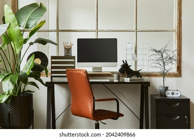 Creative Composition Of Modern Masculine Home Office Workspace Interior Design With Black Industrial Desk, Brown Leather Armchair, Pc And Stylish Personal Accessories. Template.