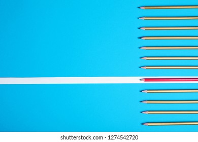 Creative composition with one different pencil and space for text on color background, top view