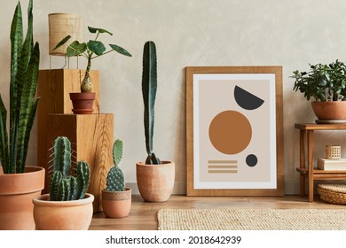 Creative composition of stylish living room interior with mock up poster frame, wooden bench, cacti and personal accessories. Plant love and nature concept. Template. - Powered by Shutterstock