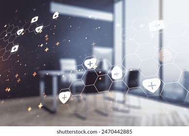 Creative concept of abstract medical illustration and modern desktop with computer on background. Medicine and healthcare concept. Multiexposure - Powered by Shutterstock