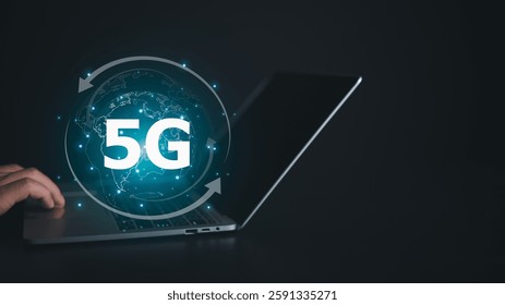 Creative concept background, The concept of 5G network, High-speed mobile Internet, New generation networks, Mixed media, Male hand use computer with a 5G hologram on the background of the city.