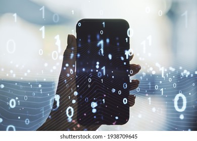 Creative concept of binary code illustration and hand with phone on background. Big data and coding concept. Multiexposure