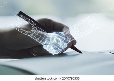 Creative Concept Of Blockchain Technology With Handshake And Man Hand Writing In Notebook On Background. Digital Money Transfers And Decentralization Concept. Multiexposure