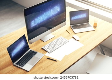 Creative concept of blockchain technology on modern laptop screen. digital money transfers and decentralization concept. 3D Rendering