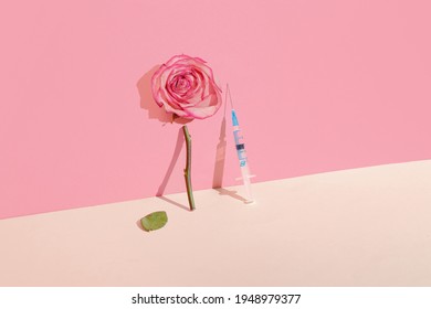 Creative Concept Of Botox Beauty Injections. Syringe With Toxin And Rose On Pastel Background