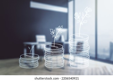 Creative Concept Of Cash Savings And Modern Desktop With Computer On Background. Retirement Savings And Capital Increase Concept. Multiexposure