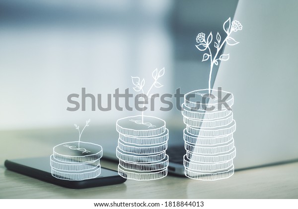 Creative concept of cash savings on modern\
laptop background. Retirement savings and capital increase concept.\
Multiexposure