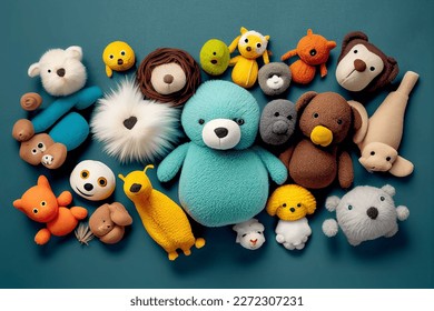 Creative concept children toy composition. Many stuffed animals toys isolated. mock up. view, copy space. top. flat lay	
					