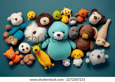 Creative concept children toy composition. Many stuffed animals toys isolated. mock up. view, copy space. top. flat lay	
