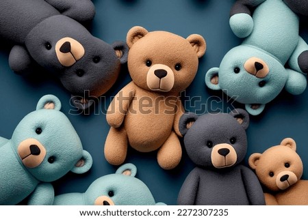 Creative concept children toy composition. Many stuffed teddy bears toys isolated. mock up. view, copy space. top.	
