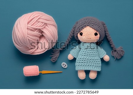 Creative concept children toy or hobby interest composition. Many cute crocheted knitted dolls animals toys isolated. mock up. view, copy space. top. flat lay	
