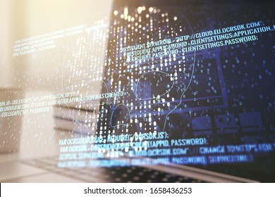 Creative concept of code skull illustration on modern laptop background. Hacking and phishing concept. Multiexposure