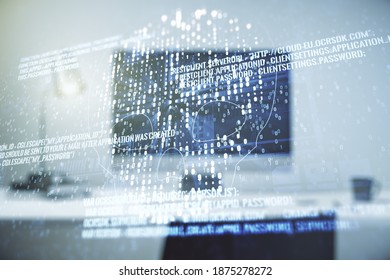 Creative concept of code skull illustration on modern laptop background. Hacking and phishing concept. Multiexposure