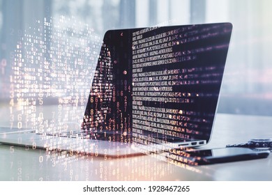 Creative concept of code skull illustration on modern laptop background. Hacking and phishing concept. Multiexposure