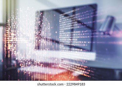Creative concept of code skull illustration on modern laptop background. Hacking and phishing concept. Multiexposure