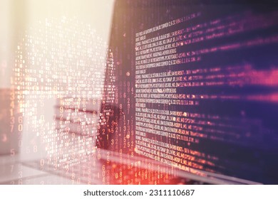 Creative concept of code skull illustration on modern laptop background. Hacking and phishing concept. Multiexposure