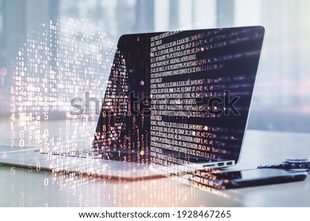 Creative concept of code skull illustration on modern laptop background. Hacking and phishing concept. Multiexposure