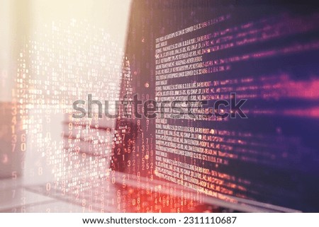 Creative concept of code skull illustration on modern laptop background. Hacking and phishing concept. Multiexposure