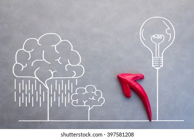 Creative Concept With Drawing Of Bulb And Brain Shape And Red Arow On Grey Background