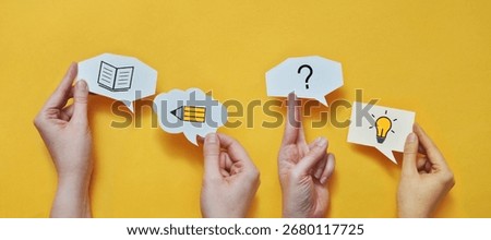 A creative concept of education and learning. Speech bubbles contain symbols of a book, a pencil, a question mark, and a light bulb, which represent learning, questions, ideas, and new knowledge.