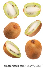 Creative Concept With Flying Kiwi Fruit. Sliced Kiwi Isolated On White Background. Levity Fruit Floating In The Air