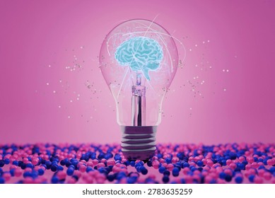 Creative concept of human intelligence and innovation. a glowing creative lightbulb containing a digital human brain model, surrounded by sparkles, against a vivid pink background. Think Different