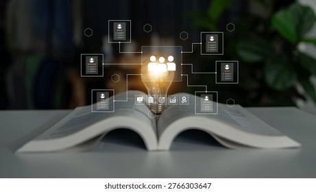Creative Concept of Knowledge Sharing and Idea Generation with Light Bulb Above Open Book Surrounded by Digital Connections and Icons Ledger.