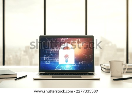 Creative concept with lock symbol and postal envelopes illustration on modern laptop screen. Protection and firewall concept. 3D Rendering