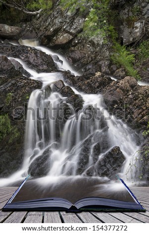 Creative concept pages of book Detail shot of Rhiwargor Falls in Snowdonia National Park in North Wales