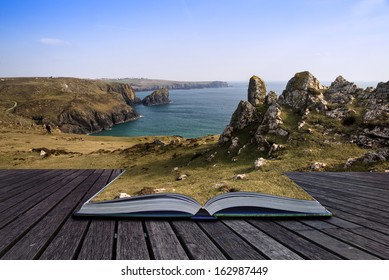 Creative Concept Pages Of Book Kynance Cove Cliffs Looking Across Bay