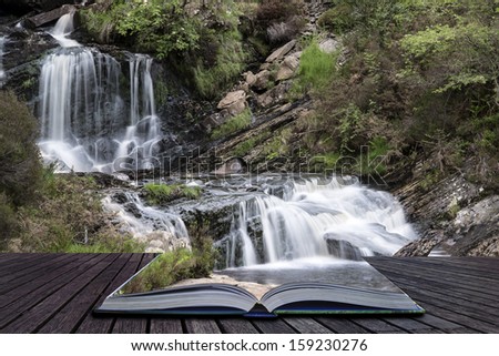 Creative concept pages of book Rhiwargor Falls in Snowdonia National Park in North Wales