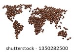 Creative concept photo of world map made of roasted coffee beans drink beverage showing that people drink coffee worldwide on white background.
