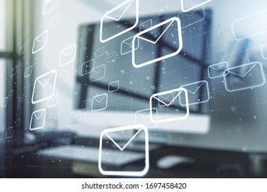 Creative concept of postal envelopes illustration on modern laptop background. Email and communications concept. Multiexposure