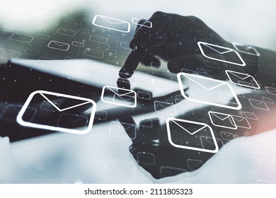 Creative concept of postal envelopes illustration with finger clicks on a digital tablet on background. Email and communications concept. Multiexposure