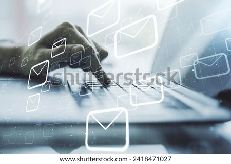 Creative concept of postal envelopes illustration with hands typing on laptop on background. Email and communications concept. Multiexposure