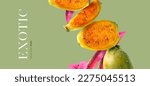 Creative concept of prickly pear on the green background.  Exotic fruits and leaves. Food concept.
