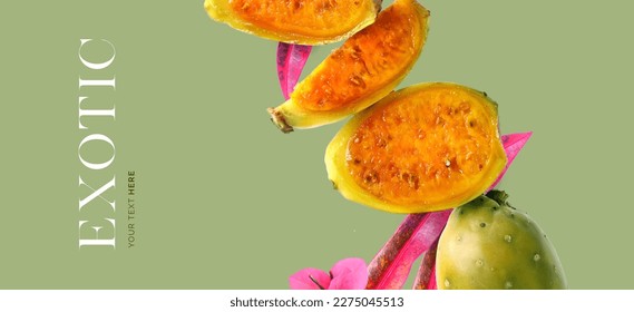 Creative concept of prickly pear on the green background.  Exotic fruits and leaves. Food concept.