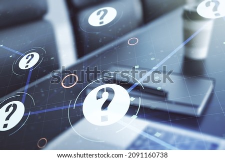 Creative concept of question mark illustration on modern laptop background. FAQ and search concept. Multiexposure